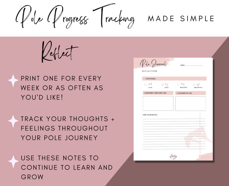 May include: A printable pole journal with a pink background and a pink and white illustration of a woman on a pole. The journal is titled "Pole Journal" and has sections for reflection, including "I am feeling", "Something awesome I did", and "I can improve on".