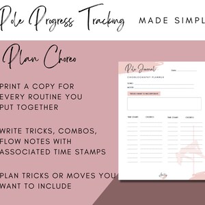 May include: A printable pole dance choreography planner with a pink and white design. The planner includes sections for song, mood, tricks to incorporate, and time stamps for choreography.