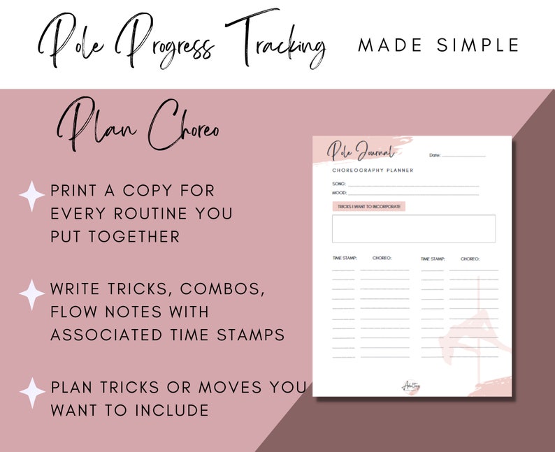 May include: A printable pole dance choreography planner with a pink and white design. The planner includes sections for song, mood, tricks to incorporate, and time stamps for choreography.