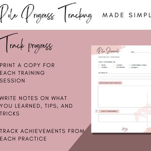 May include: A printable pole journal with a pink background and a graphic of a woman on a pole. The journal is titled "Pole Journal" and has sections for tracking progress, notes, and achievements.