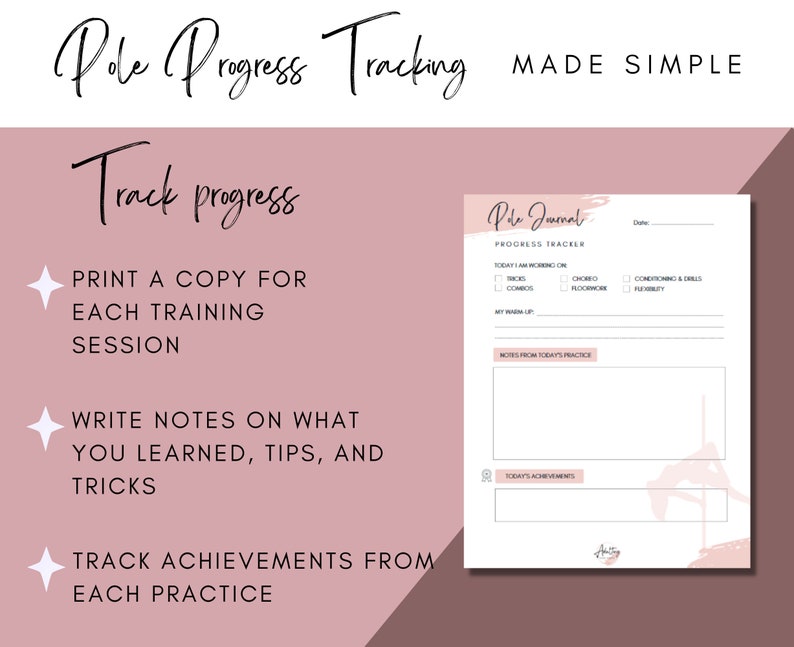 May include: A printable pole journal with a pink background and a graphic of a woman on a pole. The journal is titled "Pole Journal" and has sections for tracking progress, notes, and achievements.
