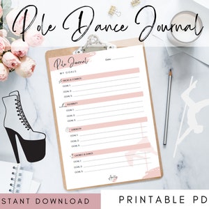 May include: Printable pole dance journal with a pink and white design. The journal includes sections for tracking tricks and combos, flexibility, strength, and choreo and dance goals.