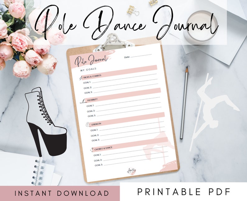 May include: Printable pole dance journal with a pink and white design. The journal includes sections for tracking tricks and combos, flexibility, strength, and choreo and dance goals.
