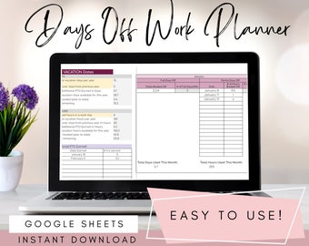 Work Vacation Days Tracker | Vacation Days Planner for Work | PTO tracker | Personal Time Off Tracker | Track Vacation Time By Days Or Hours