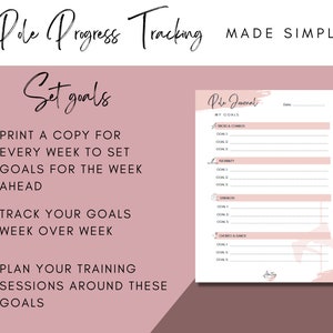 May include: A printable pole journal with a pink and white design. The journal has sections for setting goals for tricks and combos, flexibility, strength, and choreo and dance. The text "Pole Journal" is written in a pink brushstroke font.