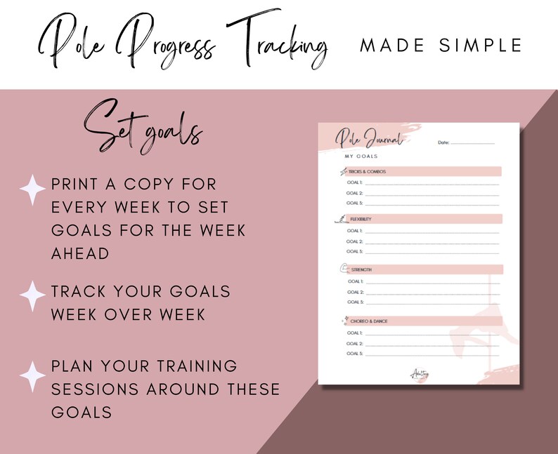 May include: A printable pole journal with a pink and white design. The journal has sections for setting goals for tricks and combos, flexibility, strength, and choreo and dance. The text "Pole Journal" is written in a pink brushstroke font.