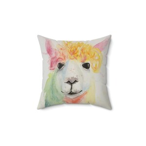 Alpaca Watercolor Colorful Fun Spun Polyester Square Pillow