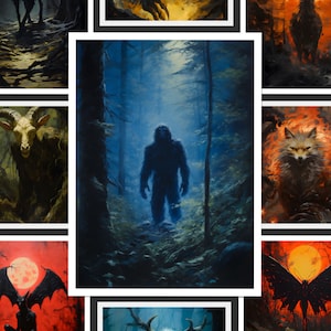 May include: A collection of fantasy art prints featuring various mythical creatures in dark, atmospheric settings. The images include a wolf in a forest, a werewolf, a deer with antlers, a bigfoot, a goat, a fox, a bat, a creature with antlers, and a bridge.