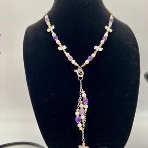 Dragonfly necklace with purple agate, beige shell, and freshwater pearl beads