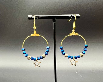 hoop earrings with blue crystal, lavastone and star charm, blue and gold colored