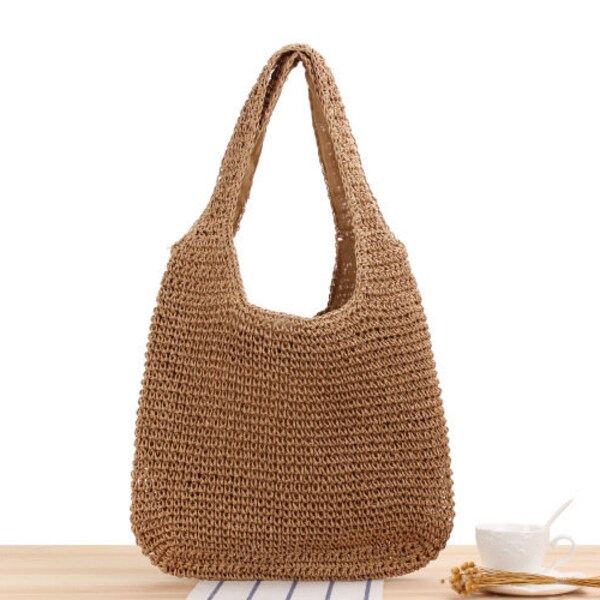 Aesthetic zipper tote bag, wicker woven straw beach bag, library bag, eco friendly fabric handbag, unique gift for women, gift for her