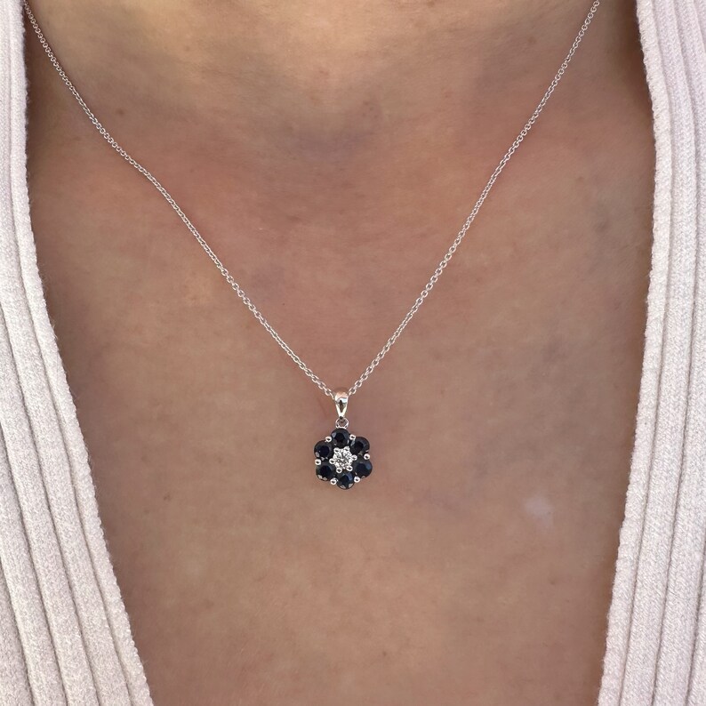 14K Solid Gold Genuine Sapphire and Diamond Flower Pendant image 4