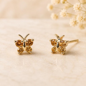 14K Solid Gold Natural Orange Sapphire Butterfly Stud Earrings, Genuine Sapphire Wings, September Gift