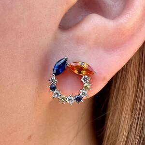 14K Solid Gold echte Farbe Saphir und Diamant Halo Ohrstecker / Paar
