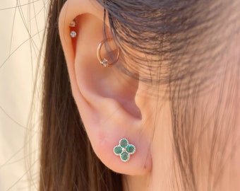 14K Solid Gold Emerald Clover Studs / Earring