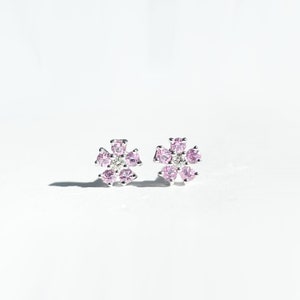 14K Solid Gold Genuine Pink Sapphire and Diamond Flower Studs