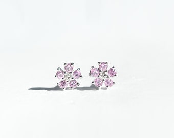 14K Solid Gold Genuine Pink Sapphire and Diamond Flower Studs