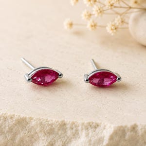 Natural Burma Marquise Ruby Stud Earrings 14K Gold | Genuine Red Ruby Studs | July Birthstone Gift | Dainty Marquise Studs