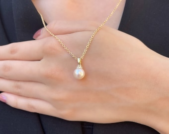 14K Solid Gold Genuine Diamond and Pearl Pendant