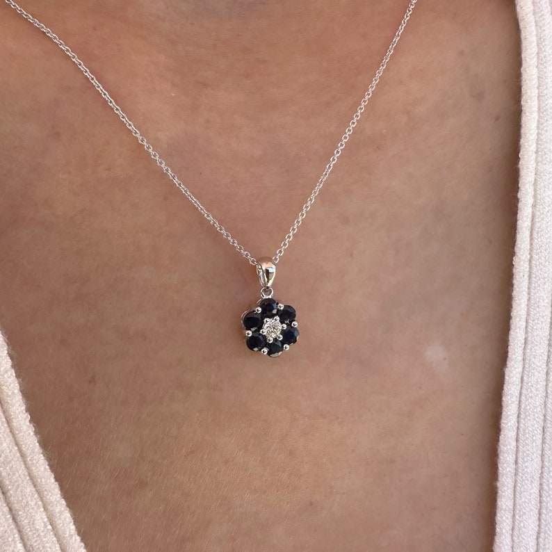 14K Solid Gold Genuine Sapphire and Diamond Flower Pendant image 5
