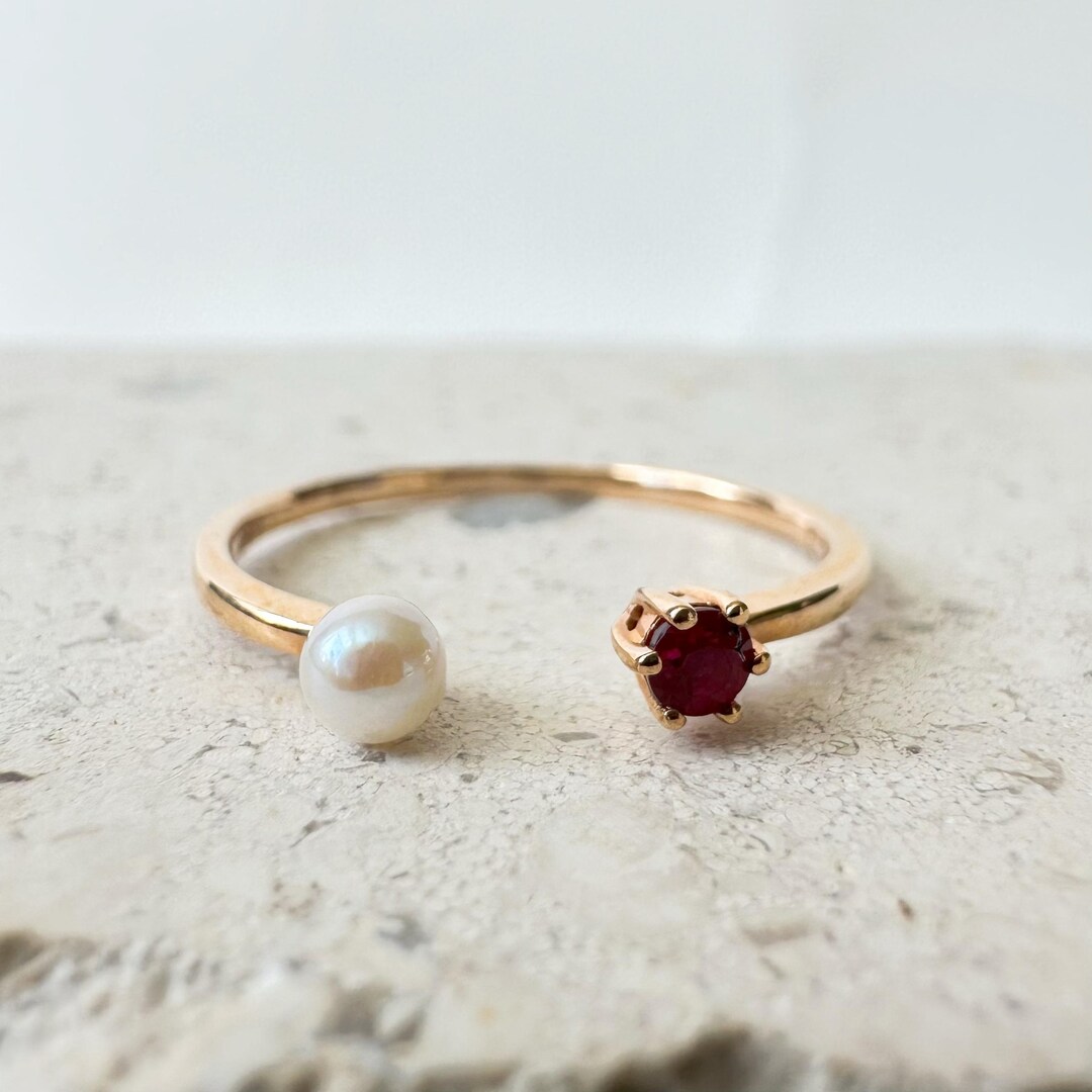 18K Solid Rose Gold Genuine Ruby and Pearl Ring - Etsy