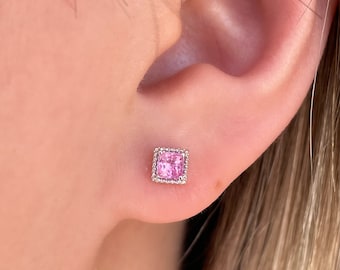 Pendientes cuadrados de zafiro rosa genuino de oro macizo de 14 quilates (par)
