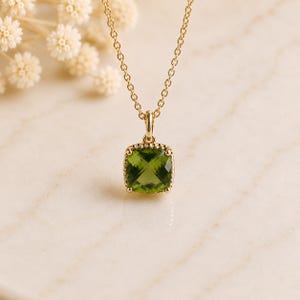 14K Solid Gold Peridot Necklace | Natural Peridot Pendant | Cushion Cut August Birthstone Necklace