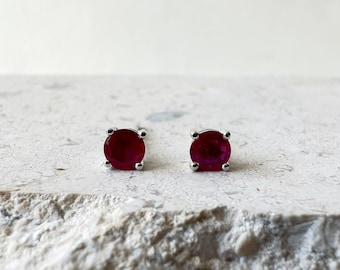 14K Solid Gold Genuine Round Ruby Studs/Pair (4MM)