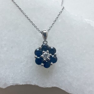 14K Solid Gold Genuine Sapphire and Diamond Flower Pendant image 2