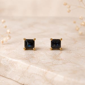 May include: A pair of stud earrings featuring square-cut dark blue gemstones set in gold metal. Each gemstone is secured by four small gold prongs at the corners, creating a simple and clean design for these small, elegant jewelry pieces.