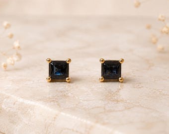 Puede incluir: Un par de pendientes de botón con piedras preciosas de color azul oscuro de corte cuadrado engastadas en metal dorado. Cada piedra está asegurada por cuatro pequeñas garras doradas en las esquinas, creando un diseño sencillo para estas joyas.