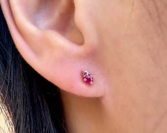 Pendientes apilados de rubí genuino y zafiro rosa en oro macizo de 14 quilates (par)