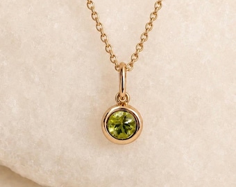 Natural Peridot Necklace, 14K Gold Bezel Pendant, Genuine Round Peridot, August Birthstone Gift for Her