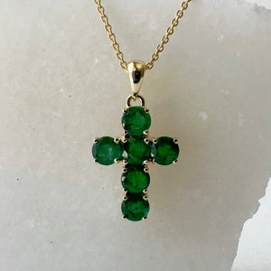 14K Solid Gold Genuine Round Emerald Cross Pendant