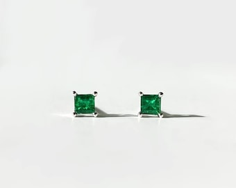 Aretes cuadrados de esmeralda genuina de oro macizo de 14 quilates