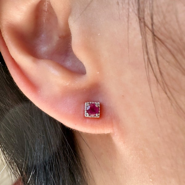 14K Solid Gold Genuine Ruby Studs/Pair