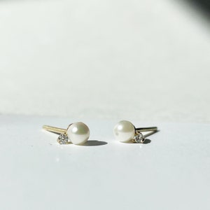 14K Solid Gold Genuine Pearl and Diamond Studs