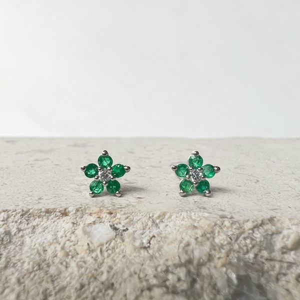 14K Solid Gold Genuine Emerald and Diamond Flower Studs