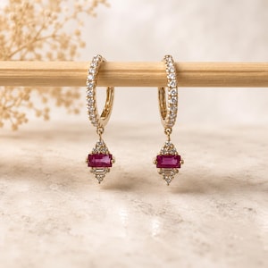 Natural Ruby Diamond Hoop Earrings, 14K Gold, Genuine Baguette Ruby Drop Hoops, July Birthstone Gift