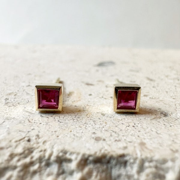 14K Solid Gold Genuine Square Ruby Bezel Studs/Pair