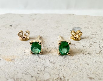 14K Solid Gold Genuine Emerald Studs