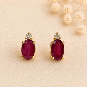 Natural Ruby Diamond Stud Earrings, 14K Gold, Genuine Oval Ruby Studs, July Birthstone Gift for Her