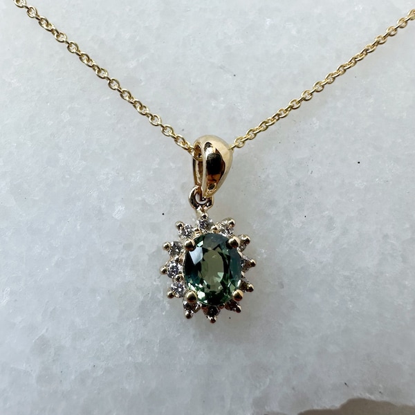 14K Solid Gold Green Sapphire and Diamond Halo Pendant