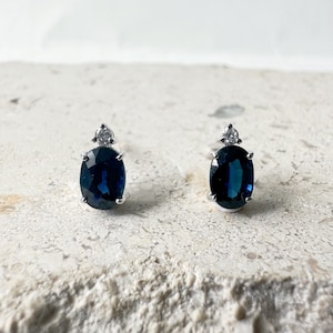 14K Solid Gold Genuine 1.21 Carat Sapphire and Diamond Oval Studs/Pair