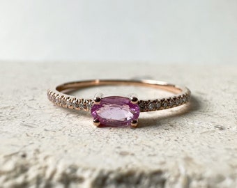14K Solid Rose Gold Genuine Oval Pink Sapphire and Diamond Ring