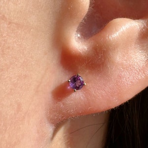 14K Solid Gold Genuine Amethyst 3mm Studs/Pair