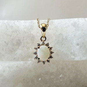 14K Solid Gold Genuine Opal and Diamond Pendant