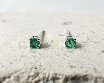 14K Solid Gold Genuine Emerald 3mm Round Studs/Pair