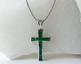 14K Solid Gold Genuine Emerald Cross Pendant (pendant only)