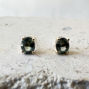 14K Solid Gold Genuine Green Sapphire Oval Studs/Pair